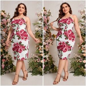 NWOT Clasi White Red Floral Rose Cami Scoop Sleeveless Bodycon Midi Dress 2XL